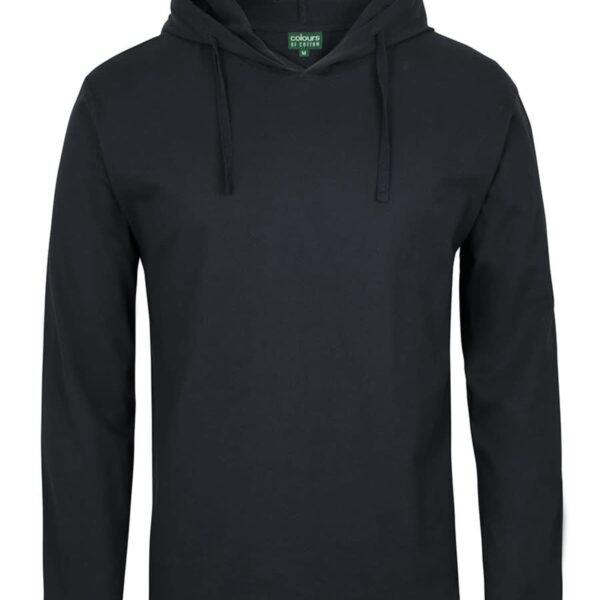 A plain black hoodie with long sleeves and a hood, displayed on a white background.