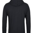 Rear view of a plain black hooded sweatshirt with long sleeves, shown against a white background.