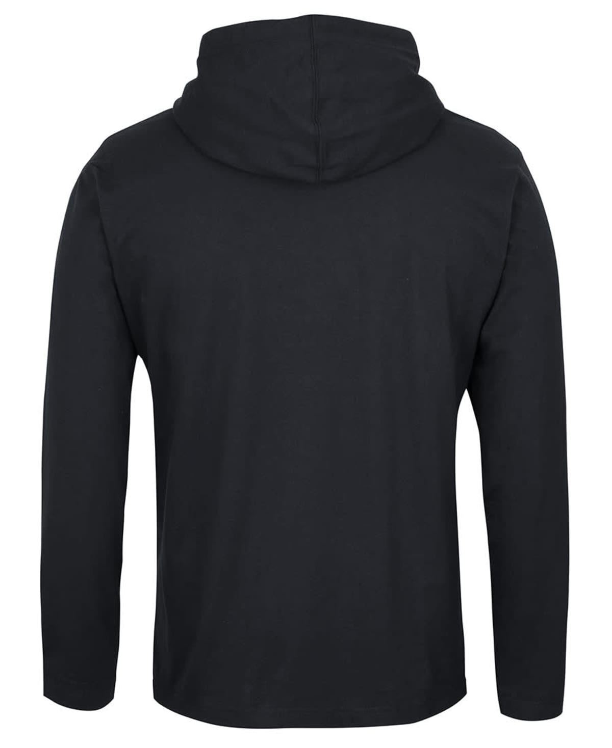 Rear view of a plain black hooded sweatshirt with long sleeves, shown against a white background.