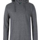 A plain, long-sleeved, dark gray hoodie with a drawstring hood and a visible green tag inside the collar.