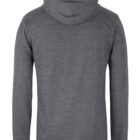 A back view of a gray long-sleeved hoodie with a hood, shown on a plain white background.