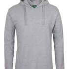 A plain gray hoodie with a drawstring hood and long sleeves, displayed against a white background. The hoodie is made from a soft, heathered fabric, offering a casual and comfortable look.