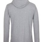 A gray hooded sweatshirt seen from the back, featuring long sleeves and a simple design without any visible logos or patterns.