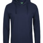 A navy blue hoodie with a drawstring hood, long sleeves, and a relaxed fit.
