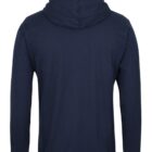 Back view of a plain, long-sleeved, dark blue hoodie. The hoodie has a hood and no visible designs or logos.