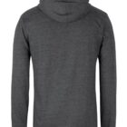 A back view of a dark gray hooded sweatshirt with long sleeves. The material appears soft and comfortable, suitable for casual wear. The hoodie has a simple design with no visible logos or patterns.
