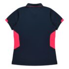 A navy blue polo shirt with bright pink accents on the shoulders and sides, viewed from the back. The shirt has a collar and short sleeves, with a simple design.