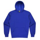 A plain royal blue hoodie is displayed. It features a front pocket and a drawstring-less hood. The garment has long sleeves with ribbed cuffs and a ribbed hem. The hoodie is shown against a white background.