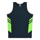 A sleeveless dark green athletic tank top with bright green side panels and two diagonal stripes on each side. The shirt is displayed on a plain white background.