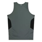 A dark green sleeveless athletic shirt with a round neckline is shown from the back. It features black triangular panels on each side, adding contrast to the design. The fabric appears smooth and lightweight.