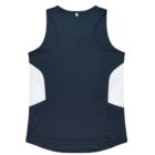 A black sleeveless sports tank top with white side panels, shown from the back. The design is simple and athletic, suitable for fitness activities.