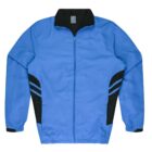 A blue zip-up jacket with long sleeves, black collar, and black accents on the sides and shoulders. It has elastic cuffs and a relaxed fit.