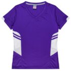 A purple sports jersey with a V-neck and short sleeves. It features white panels and horizontal stripes on the sides.