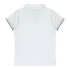A plain white short-sleeve polo shirt displayed from the back. The shirt has a classic collar and black trim on the sleeve edges, set against a plain white background.