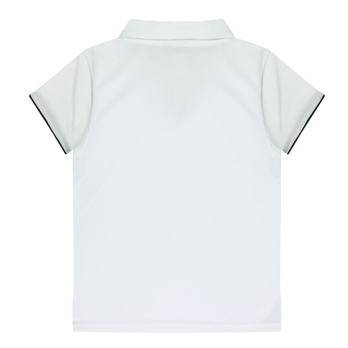A plain white short-sleeve polo shirt displayed from the back. The shirt has a classic collar and black trim on the sleeve edges, set against a plain white background.