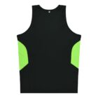 Black sleeveless athletic shirt with bright green side panels, shown from the back against a white background.