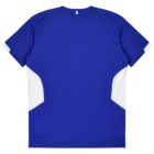 A blue athletic t-shirt with short sleeves, featuring white side panels. The back view shows a simple design with no visible logos or branding.