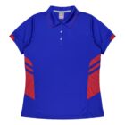 A blue polo shirt with a collar and short sleeves, featuring red accents on the sides and shoulders. There are three buttons on the placket and red stripe details on the sides. The shirt is laid flat against a white background.