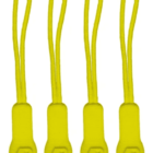 Four yellow zipper pulls with looped cords and rectangular bases featuring a subtle embossed A design, arranged vertically on a white background.