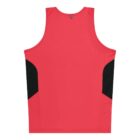 A red athletic tank top with black side panels is shown from the back against a white background. The tank top has a straight hem and a small loop at the top.
