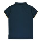 Back view of a dark green short-sleeve polo shirt with yellow trim on the sleeve edges.