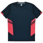 A navy blue athletic T-shirt with short sleeves, featuring red geometric accents on the sides and subtle black stripes. The neckline is a standard crew neck style. Its laid flat against a light background.