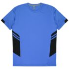 A blue athletic short-sleeve shirt featuring black geometric accents on the sides. The fabric appears lightweight and breathable, suitable for sports or casual wear.