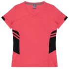 A red short-sleeve athletic shirt with a V-neck and black accents on the sides and sleeves. The shirt features two black bands on each side under the arms.