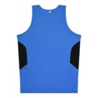 Blue athletic tank top with black side panels, displayed on a flat white background, showing the back view.