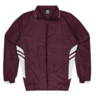 A maroon athletic jacket with a zipper front, featuring white accents along the sides and collar. The jacket has long sleeves and elastic cuffs.