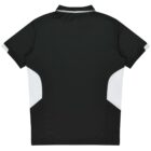 A black sports shirt with short sleeves and a polo collar. The shirt has white triangular panels on the lower sides and white accents on the sleeve edges. The back view is shown against a plain background.
