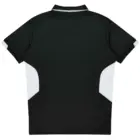 Tasmania Mens Polos: Black short-sleeve polo with white accents, back view.