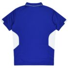 The image shows the back view of a blue short-sleeve polo shirt with white accents on the sides and sleeves, against a plain white background.