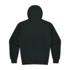 Back view of a plain dark green hoodie with a hood, long sleeves, and ribbed cuffs. The hoodie is laid flat against a white background, showcasing its simple design and solid color.