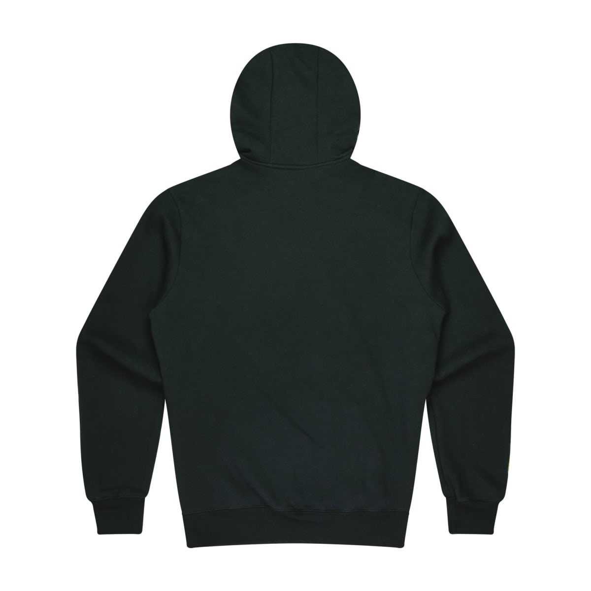 Back view of a plain dark green hoodie with a hood, long sleeves, and ribbed cuffs. The hoodie is laid flat against a white background, showcasing its simple design and solid color.