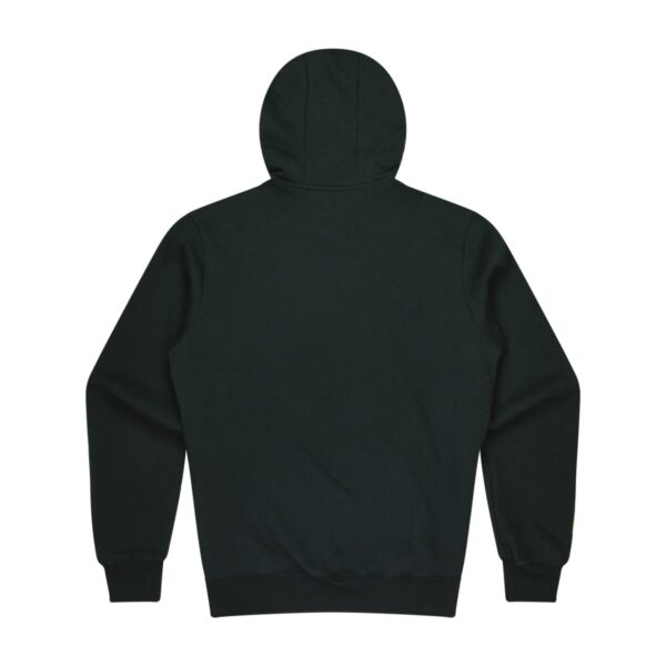 The image shows the back view of a solid dark green hoodie. The hood is up, and the sleeves and waist have ribbed cuffs. The front is not visible.