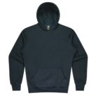 A dark green hooded sweatshirt with long sleeves and a front pocket is laid flat on a white background.
