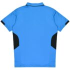 A blue polo shirt with short sleeves, black side panels, and a collar is displayed on a white background. The back view shows a simple design with no logos or patterns.