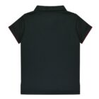 A plain black polo shirt with short sleeves and a classic collar, viewed from the back. The shirt has subtle red trim on the sleeve edges. The fabric appears smooth and lightweight.