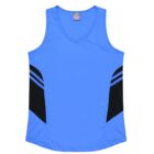 A blue sleeveless sports jersey with a V-neck and black stripe accents on the sides.