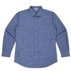 A blue long-sleeve button-up shirt with a small checkered pattern and a front pocket.