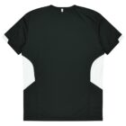 Back view of a dark green athletic shirt featuring white accents on the sides. The shirt has short sleeves and a crew neckline.