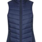 A navy blue, sleeveless quilted vest with a front zipper and two side zipper pockets.