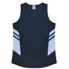 A black sleeveless athletic shirt with a V-neck and light blue geometric patterns on the sides. The shirt features two horizontal stripes on each side.