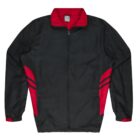 A black zip-up jacket with a red collar, red accents on the sides, and two black stripes on each side. The jacket features long sleeves and elastic cuffs.