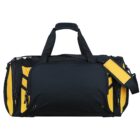 A large, black and yellow duffel bag with multiple zippered compartments and a padded shoulder strap. The bag has dual handles and appears suitable for travel or sports activities.