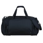 A black duffel bag with multiple compartments and two carrying handles. There is an adjustable shoulder strap attached on each side. The bag has a sleek design and metal studs at the bottom.