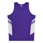 A sleeveless purple jersey with white side panels and two diagonal white stripes on each side. The neckline is round, and the fabric appears smooth and lightweight, suitable for athletic wear.