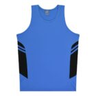 A blue athletic tank top with black side panels and horizontal black stripes on the sides. The top is shown on a plain white background.