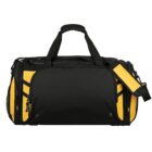 A black and yellow duffel bag with multiple compartments. It has a large main zipper, carrying handles, and a shoulder strap. The bag is placed against a white background.